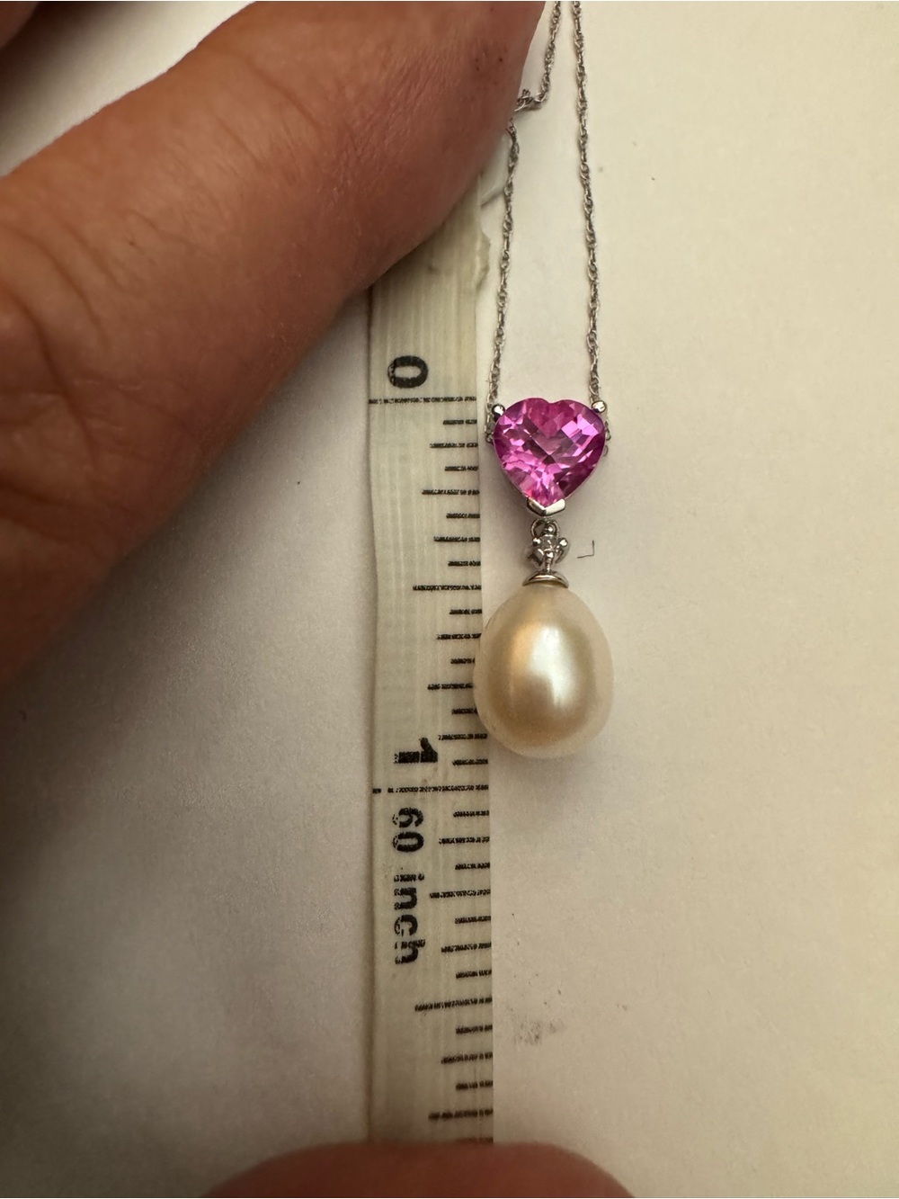 Fine jewelry 10k white gold necklace/pendant pink sapphire fresh water pearl - Picture 7 of 8